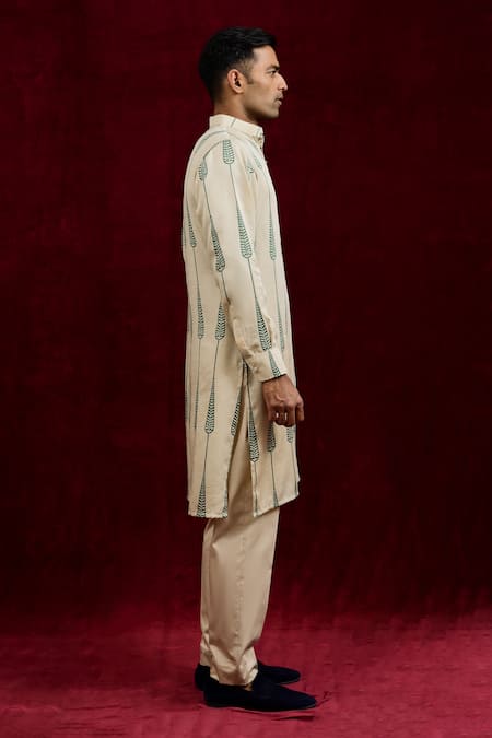 Gaurav Katta_Ivory Modal Embroidery Hand Painted Euphorbia Kurta _at_Aza_Fashions