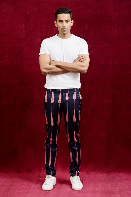 Gaurav Katta_Black Moda Silk Hand Paint Abstract Euphorbia Trouser _Online_at_Aza_Fashions