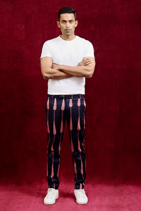 Buy_Gaurav Katta_Black Moda Silk Hand Paint Abstract Euphorbia Trouser _Online_at_Aza_Fashions