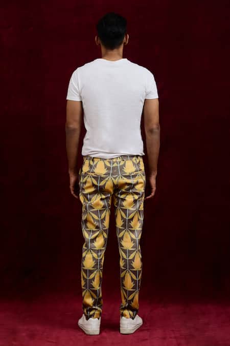 Shop Gaurav Katta Yellow Moda Silk Hand Paint Lotus Trouser at Aza Fashions Shop_Gaurav Katta_Yellow Moda Silk Hand Paint Lotus Trouser _at_Aza_Fashions