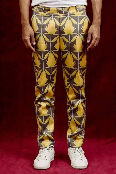 Shop Gaurav Katta Yellow Moda Silk Hand Paint Lotus Trouser Online at Aza Fashions Shop_Gaurav Katta_Yellow Moda Silk Hand Paint Lotus Trouser _Online_at_Aza_Fashions