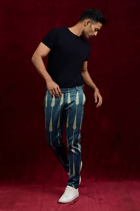 Gaurav Katta Green Moda Silk Hand Paint Abstract Straight Fit Trouser at Aza Fashions Gaurav Katta_Green Moda Silk Hand Paint Abstract Straight Fit Trouser _at_Aza_Fashions