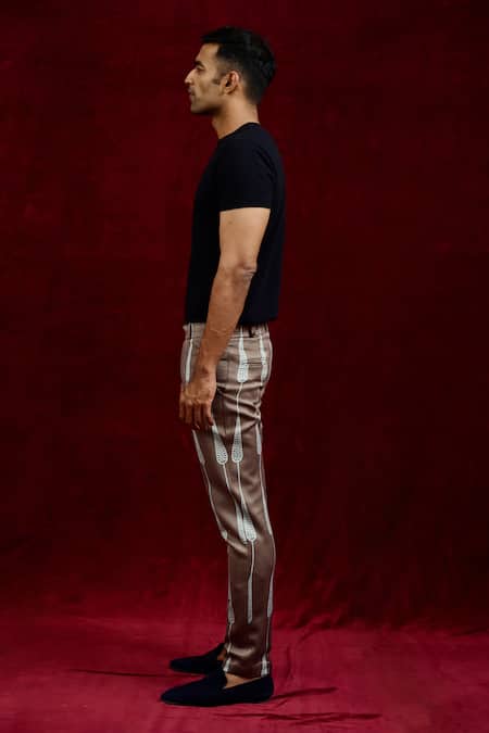 Shop Gaurav Katta Grey Moda Silk Hand Paint Abstract Leaf Pattern Trouser Online at Aza Fashions Shop_Gaurav Katta_Grey Moda Silk Hand Paint Abstract Leaf Pattern Trouser _Online_at_Aza_Fashions