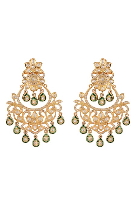 Shop Sica Jewellery Green Zari, Diamonds Moissanite Polki Embellished Chandelier Earrings at Aza Fashions Shop_Sica Jewellery_Green Zari, Diamonds Moissanite Polki Embellished Chandelier Earrings _at_Aza_Fashions