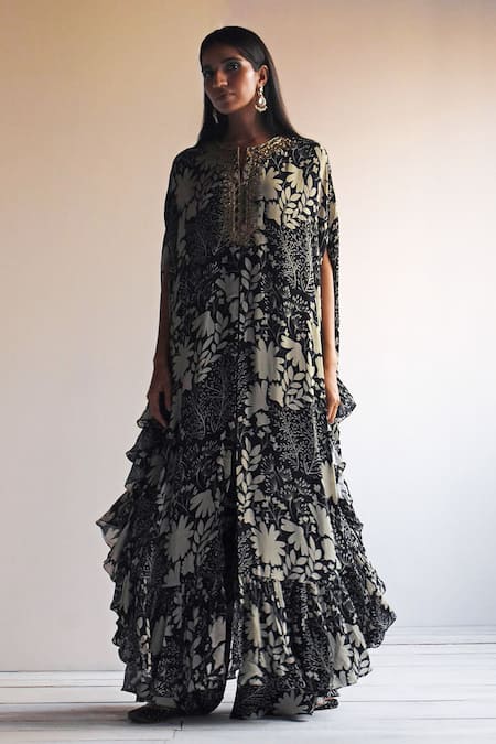 Arpita Mehta Black Natural Crepe Printed And Hand Embroidered Garden Cape & Pant Set 