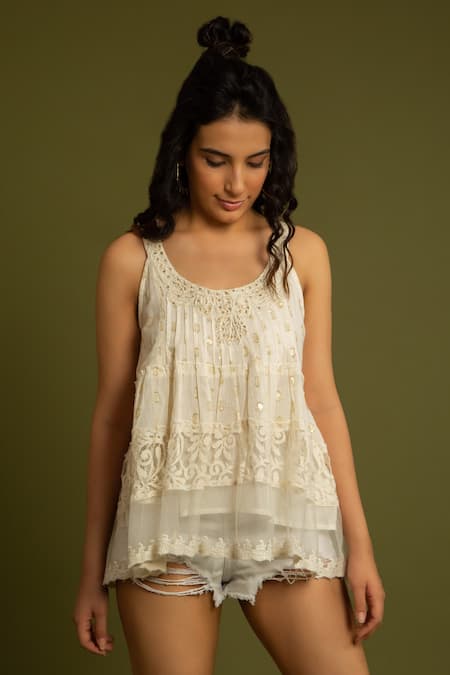 Buy_Label Reyya_Off White Cotton Embroidery, Lace Round Neck Top _Online_at_Aza_Fashions