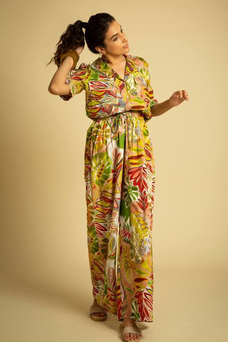 Buy_Label Reyya_Multi Color Rayon Staple Forest Lapel Collar Pattern Shirt With Pant_Online_at_Aza_Fashions