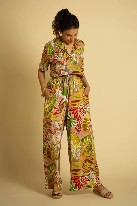 Shop_Label Reyya_Multi Color Rayon Staple Forest Lapel Collar Pattern Shirt With Pant_Online_at_Aza_Fashions