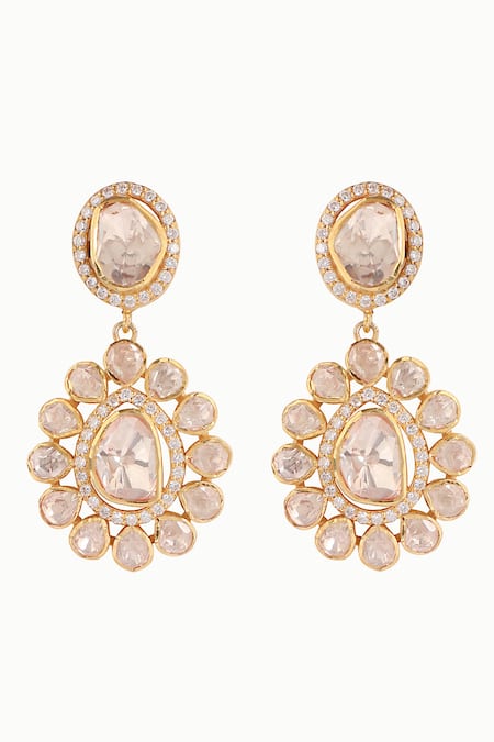 Shop Sica Jewellery Yellow Zari, Diamonds Moissanite Polki Embellished Celestial Earrings at Aza Fashions Shop_Sica Jewellery_Yellow Zari, Diamonds Moissanite Polki Embellished Celestial Earrings _at_Aza_Fashions