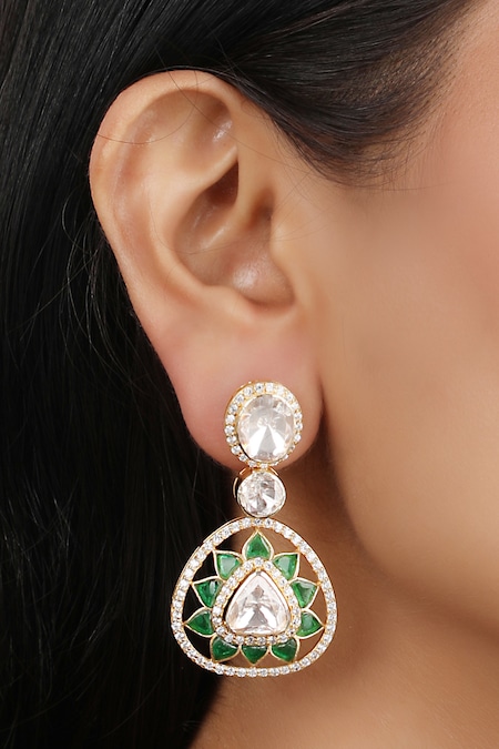 Sica Jewellery Green Embellished Moissanite Polki Triangle Earrings
