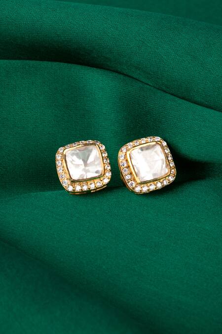 Shop Sica Jewellery Yellow Diamonds, Stones Moissanite Polki Embellished Square Studs at Aza Fashions Shop_Sica Jewellery_Yellow Diamonds, Stones Moissanite Polki Embellished Square Studs _at_Aza_Fashions