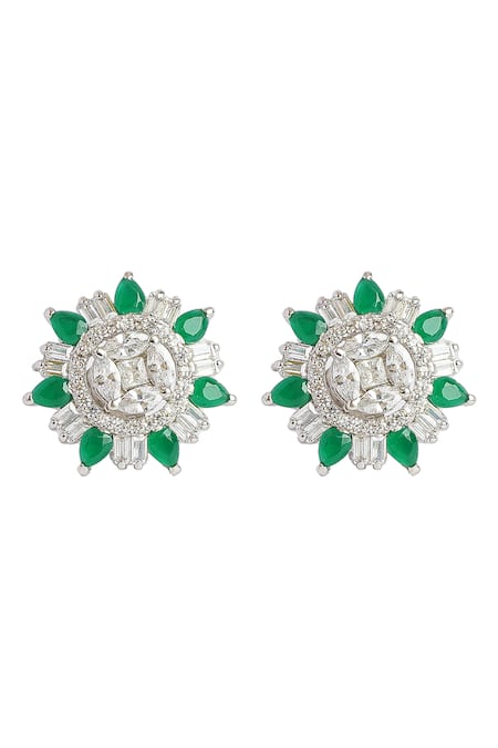 Shop Sica Jewellery Green Embroidery, Stones Emerald Cubic Zirconia Embellished Stud Earrings at Aza Fashions Shop_Sica Jewellery_Green Embroidery, Stones Emerald Cubic Zirconia Embellished Stud Earrings _at_Aza_Fashions