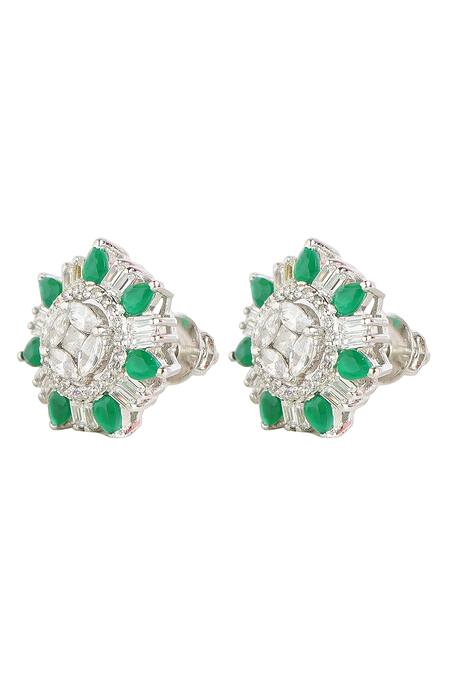 Sica Jewellery Green Embroidery, Stones Emerald Cubic Zirconia Embellished Stud Earrings Online at Aza Fashions Sica Jewellery_Green Embroidery, Stones Emerald Cubic Zirconia Embellished Stud Earrings _Online_at_Aza_Fashions