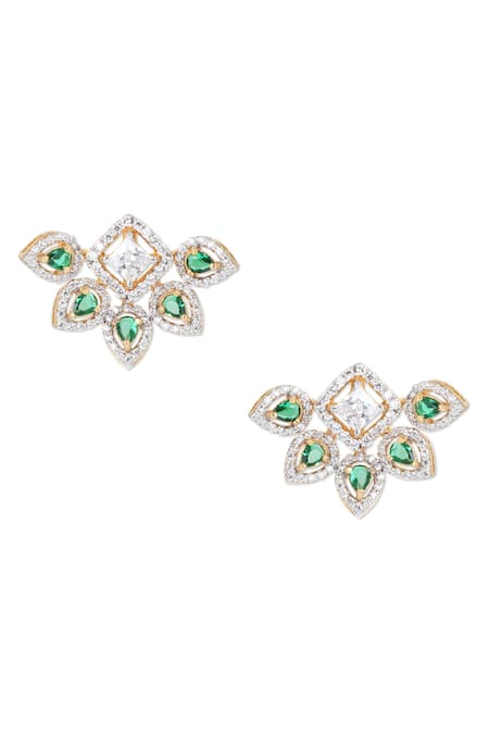 Shop_Sica Jewellery_Green Crystals Emerald Cubic Zirconia Embellished Stud Earrings _at_Aza_Fashions