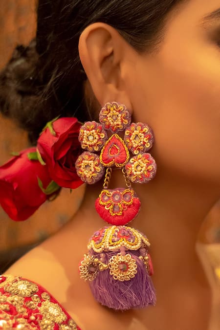 Traditional Unique D Round Shape Cotton Thread Ball with Shell Work Fabric  Earring for Women and Girls. | K M HandiCrafts India