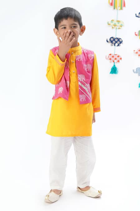 LIL DRAMA Pink Viscose Printed Elephant Jacket Kurta Set 