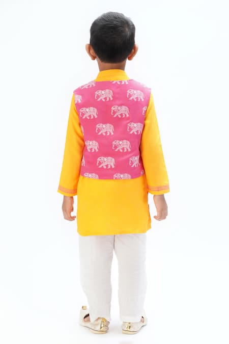 Shop Lil Drama Pink Viscose Gota Patti, Embroidery Elephant Printed Jacket Kurta Set at Aza Fashions Shop_Lil Drama_Pink Viscose Gota Patti, Embroidery Elephant Printed Jacket Kurta Set _at_Aza_Fashions