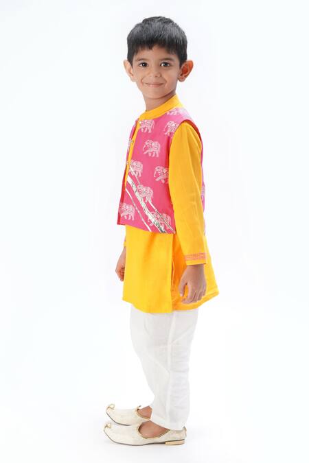 Lil Drama Pink Viscose Gota Patti, Embroidery Elephant Printed Jacket Kurta Set Online at Aza Fashions Lil Drama_Pink Viscose Gota Patti, Embroidery Elephant Printed Jacket Kurta Set _Online_at_Aza_Fashions