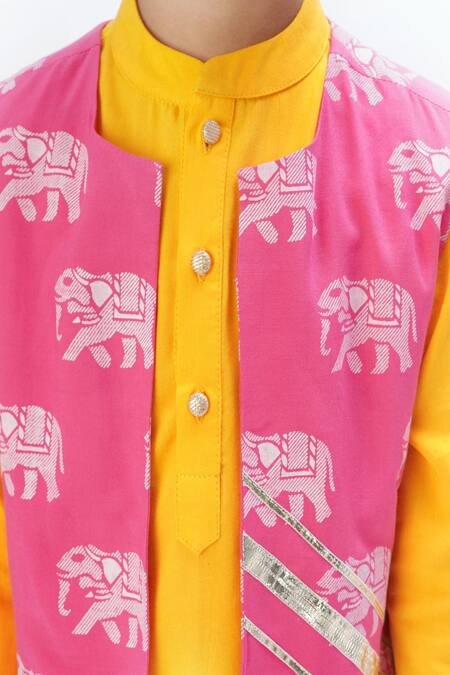 Buy Lil Drama Pink Viscose Gota Patti, Embroidery Elephant Printed Jacket Kurta Set Online at Aza Fashions Buy_Lil Drama_Pink Viscose Gota Patti, Embroidery Elephant Printed Jacket Kurta Set _Online_at_Aza_Fashions