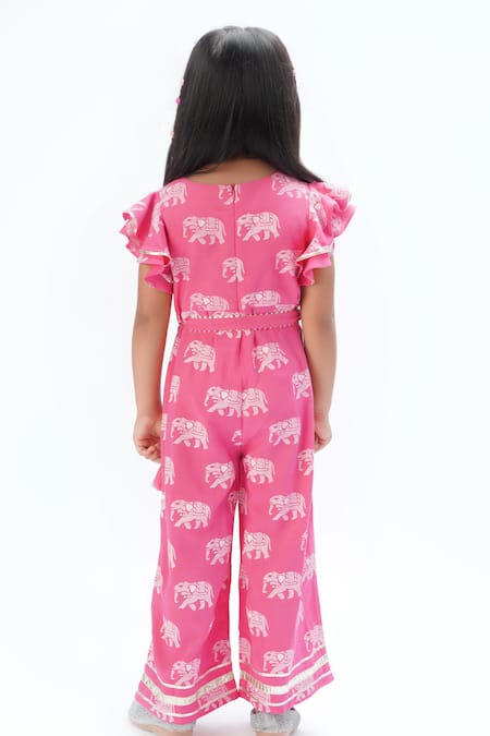 Shop Lil Drama Pink Viscose Embroidery Elephant Print Jumpsuit at Aza Fashions Shop_Lil Drama_Pink Viscose Embroidery Elephant Print Jumpsuit _at_Aza_Fashions