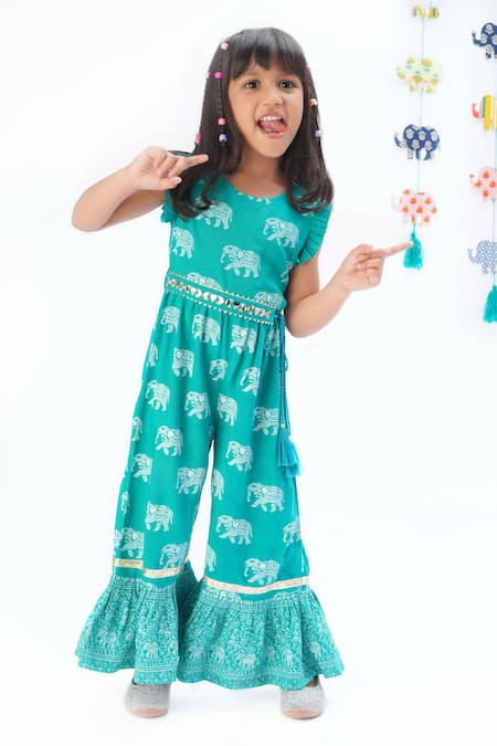 LIL DRAMA Green Viscose Printed Elephant Belted Jumpsuit