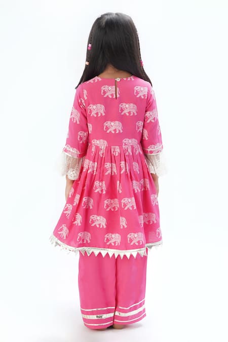 Shop Lil Drama Pink Viscose Gota Patti Elephant Print Anarkali With Pant at Aza Fashions Shop_Lil Drama_Pink Viscose Gota Patti Elephant Print Anarkali With Pant _at_Aza_Fashions