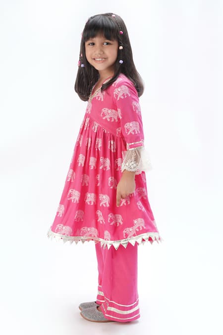 Lil Drama Pink Viscose Gota Patti Elephant Print Anarkali With Pant Online at Aza Fashions Lil Drama_Pink Viscose Gota Patti Elephant Print Anarkali With Pant _Online_at_Aza_Fashions