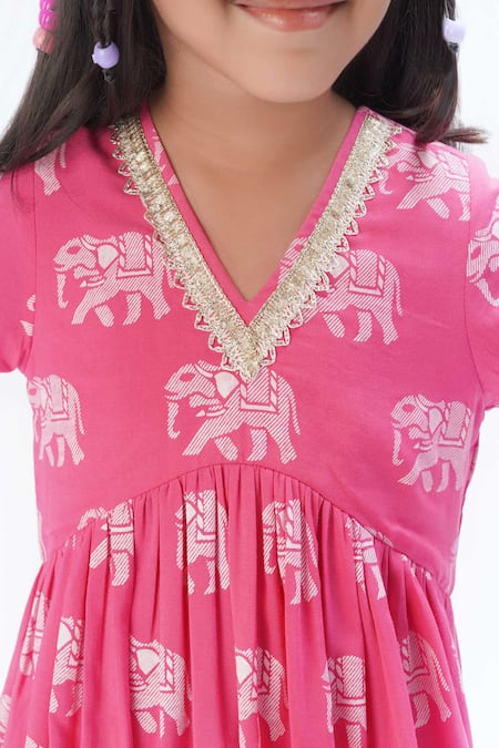 Buy Lil Drama Pink Viscose Gota Patti Elephant Print Anarkali With Pant Online at Aza Fashions Buy_Lil Drama_Pink Viscose Gota Patti Elephant Print Anarkali With Pant _Online_at_Aza_Fashions