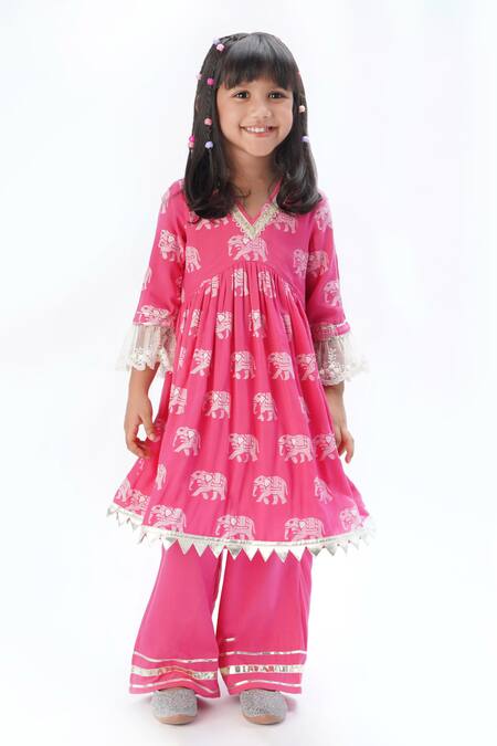 Lil Drama Pink Viscose Gota Patti Elephant Print Anarkali With Pant at Aza Fashions Lil Drama_Pink Viscose Gota Patti Elephant Print Anarkali With Pant _at_Aza_Fashions