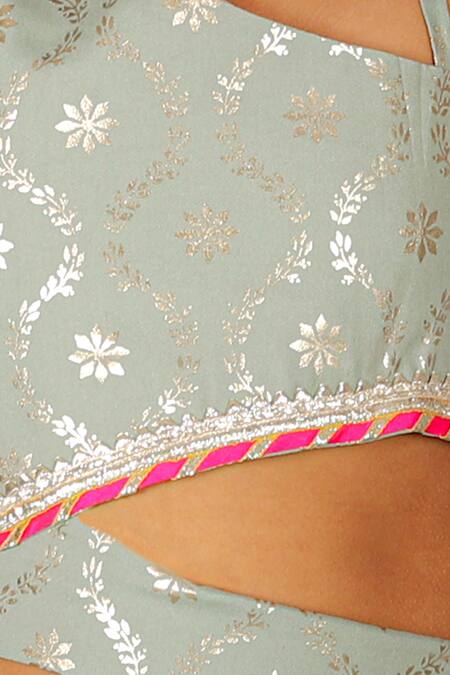 Buy Lil Drama Green Viscose Embroidery Cut Out Foil Print Crop Top With Palazzo Online at Aza Fashions Buy_Lil Drama_Green Viscose Embroidery Cut Out Foil Print Crop Top With Palazzo _Online_at_Aza_Fashions