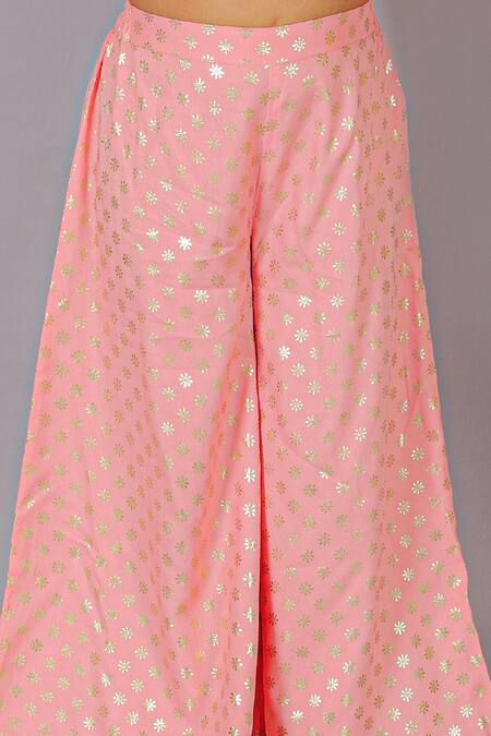 Lil Drama Peach Viscose, Rayon Embroidery Floral Foil Print Top With Palazzo Online at Aza Fashions Lil Drama_Peach Viscose, Rayon Embroidery Floral Foil Print Top With Palazzo _Online_at_Aza_Fashions