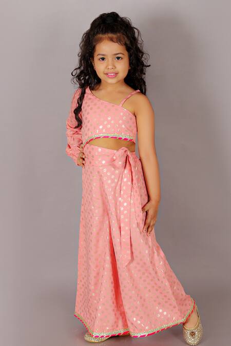 Shop Lil Drama Peach Viscose, Rayon Embroidery Floral Foil Print Top With Palazzo Online at Aza Fashions Shop_Lil Drama_Peach Viscose, Rayon Embroidery Floral Foil Print Top With Palazzo _Online_at_Aza_Fashions