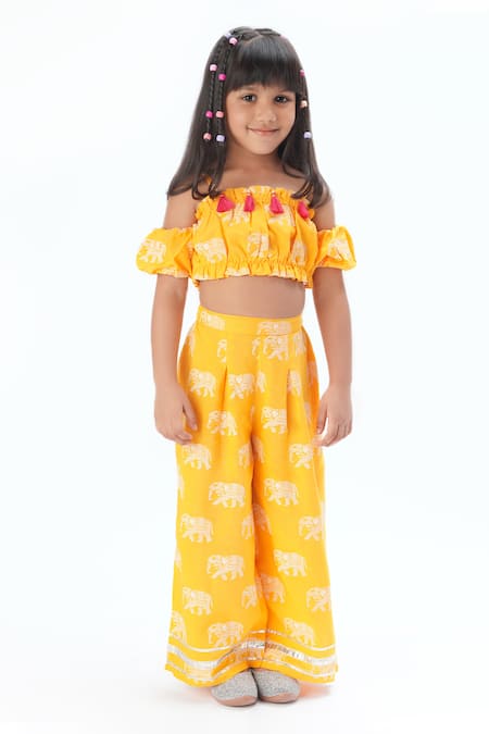 LIL DRAMA Yellow Viscose Print Elephant Top With Pant