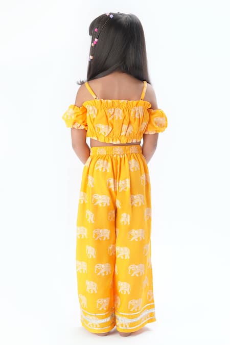 Shop_Lil Drama_Yellow Viscose, Rayon Tassels Elephant Print Cold Shoulder Pant Set _at_Aza_Fashions