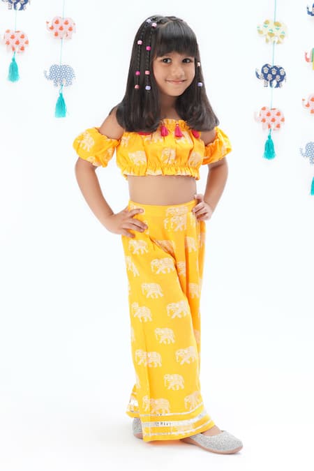 Lil Drama_Yellow Viscose, Rayon Tassels Elephant Print Cold Shoulder Pant Set _Online_at_Aza_Fashions