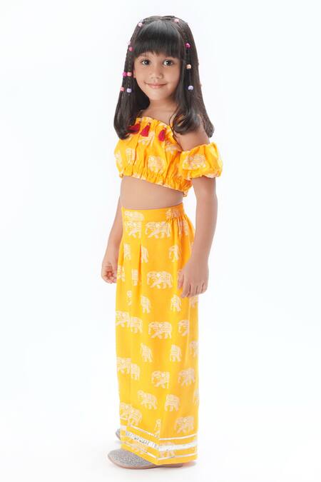 Buy_Lil Drama_Yellow Viscose, Rayon Tassels Elephant Print Cold Shoulder Pant Set _Online_at_Aza_Fashions