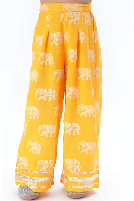 Lil Drama_Yellow Viscose, Rayon Tassels Elephant Print Cold Shoulder Pant Set _at_Aza_Fashions