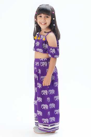 Lil Drama_Purple Viscose, Rayon Tassels Elephant Print Cold Shoulder Top With Pant_Online_at_Aza_Fashions