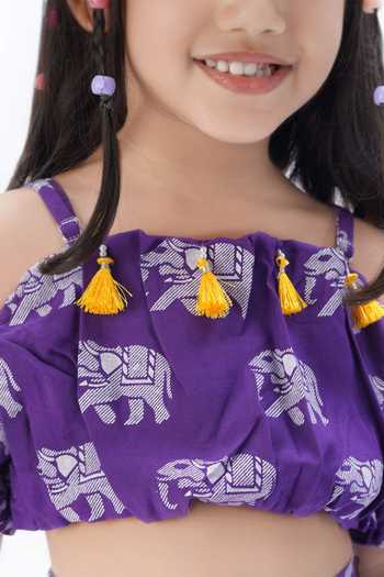 Buy_Lil Drama_Purple Viscose, Rayon Tassels Elephant Print Cold Shoulder Top With Pant_Online_at_Aza_Fashions