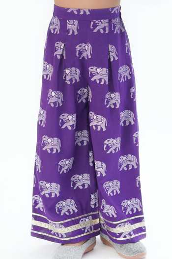 Shop_Lil Drama_Purple Viscose, Rayon Tassels Elephant Print Cold Shoulder Top With Pant_Online_at_Aza_Fashions