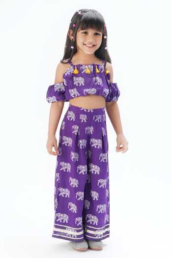 Lil Drama_Purple Viscose, Rayon Tassels Elephant Print Cold Shoulder Top With Pant_at_Aza_Fashions