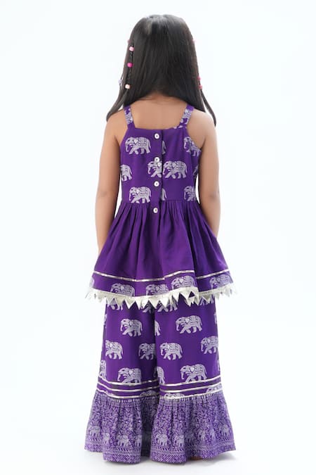 Shop Lil Drama Purple Viscose, Rayon Zari Elephant Print Kurta With Sharara at Aza Fashions Shop_Lil Drama_Purple Viscose, Rayon Zari Elephant Print Kurta With Sharara _at_Aza_Fashions