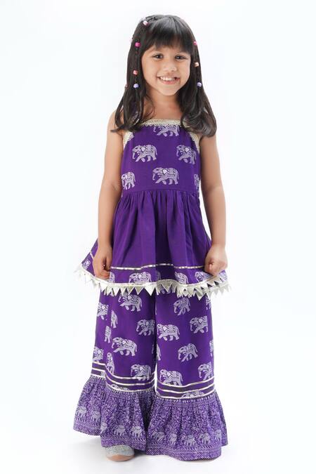 Lil Drama Purple Viscose, Rayon Zari Elephant Print Kurta With Sharara at Aza Fashions Lil Drama_Purple Viscose, Rayon Zari Elephant Print Kurta With Sharara _at_Aza_Fashions