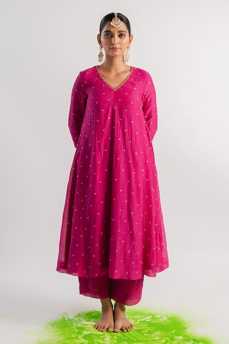 Tussah by Siddhi Shah Pink Chanderi Hand Embroidered Sequins V Neck A-line Kurta And Pant Set  