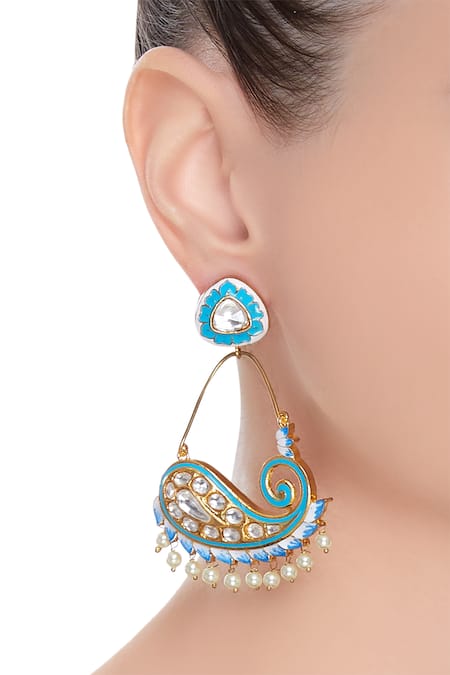 Hema Khasturi Blue Artificial Stones Lotus Earrings With Meenakari Work