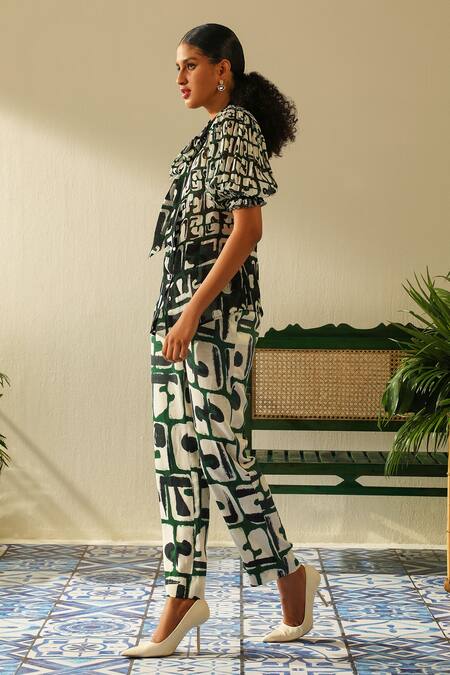 Label Deepika Nagpal_Emerald Green Cotton Collared Casey Geometric Print Shirt And Pant_Online_at_Aza_Fashions