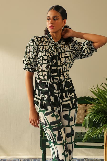 Buy_Label Deepika Nagpal_Emerald Green Cotton Collared Casey Geometric Print Shirt And Pant_Online_at_Aza_Fashions