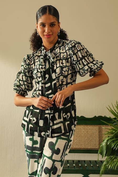 Shop_Label Deepika Nagpal_Emerald Green Cotton Collared Casey Geometric Print Shirt And Pant_Online_at_Aza_Fashions