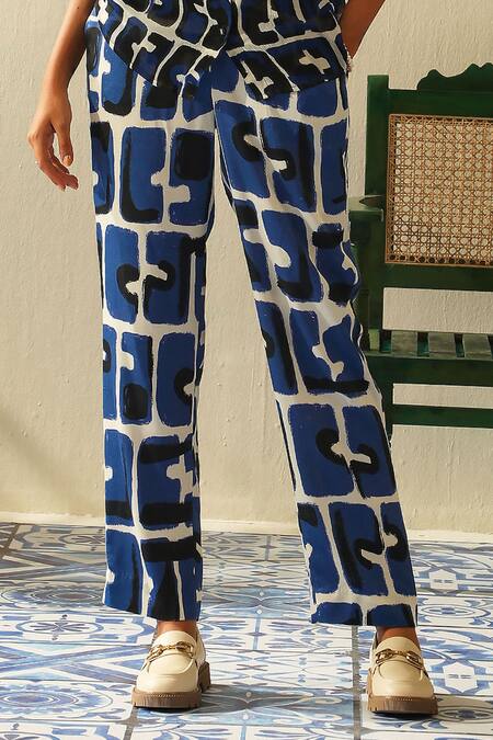 Label Deepika Nagpal_Blue Cotton Turtle Neck Casey Printed Puff Sleeve Shirt And Pant Set_Online_at_Aza_Fashions