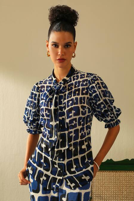 Shop_Label Deepika Nagpal_Blue Cotton Turtle Neck Casey Printed Puff Sleeve Shirt And Pant Set_Online_at_Aza_Fashions